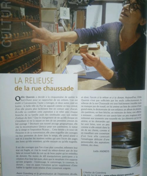 Le magasine Strada, Haute-Loire, fait par de sa rencontre avec Odile Quersin de l'Atelier de reliure du Puy en Velay.