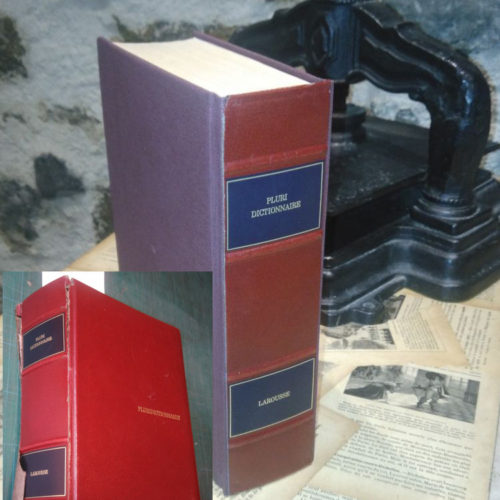 Rénovation d'un dictionnaire (avant/après). Pièce de titre avec dorure sur cuir sur couverture en toile.